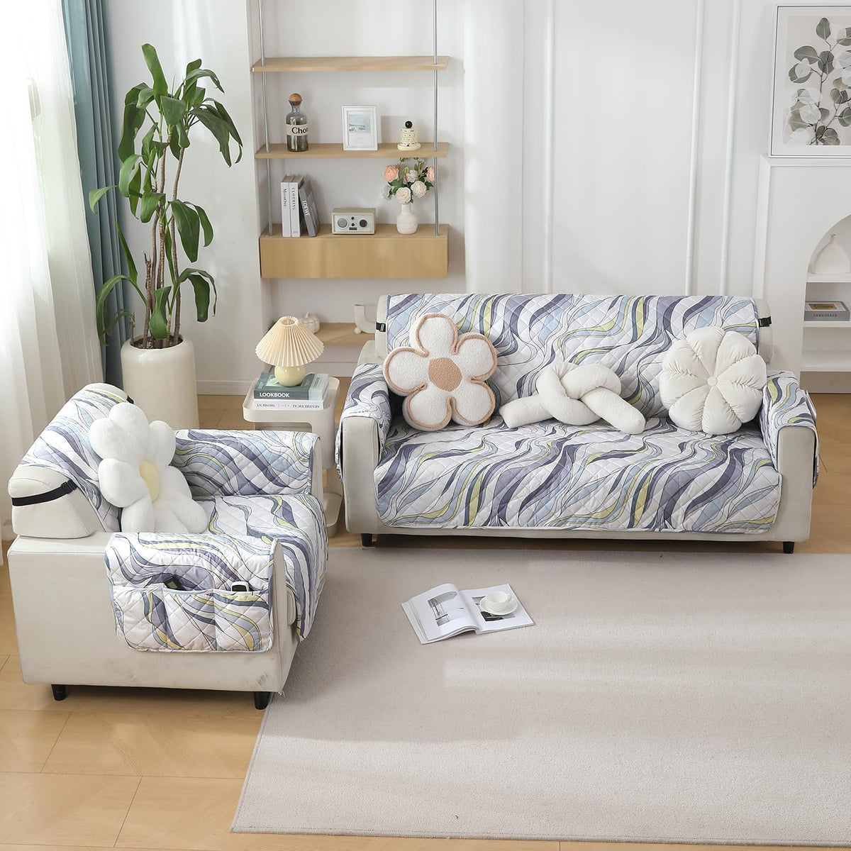 Curved Lines Pearl White print quilted waterproof sofa cover set available for 1, 2 & 3  seater sofas