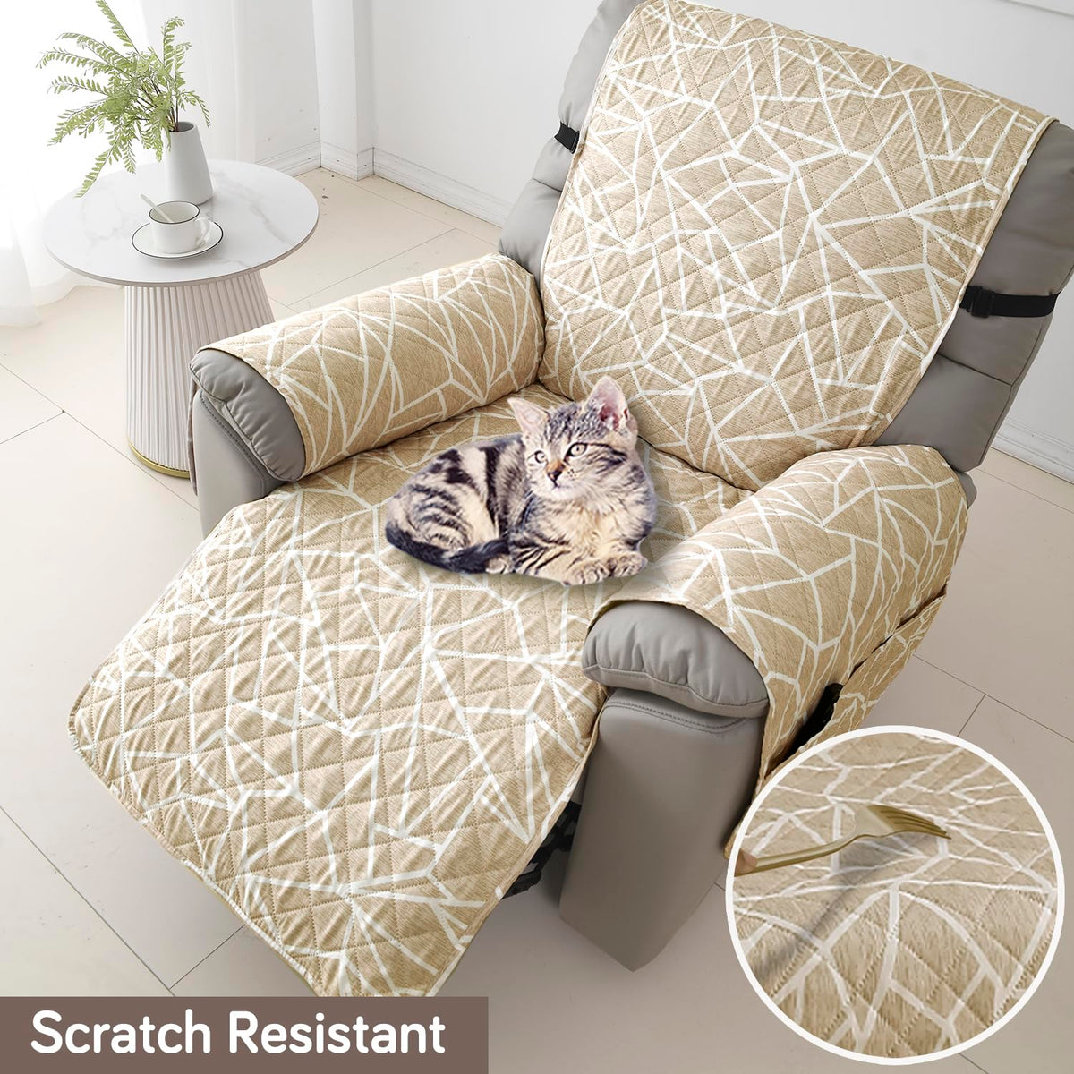 Quilted Recliner Water Repellent & Waterproof Cover for Small / Large - Beige Abstract Geometry