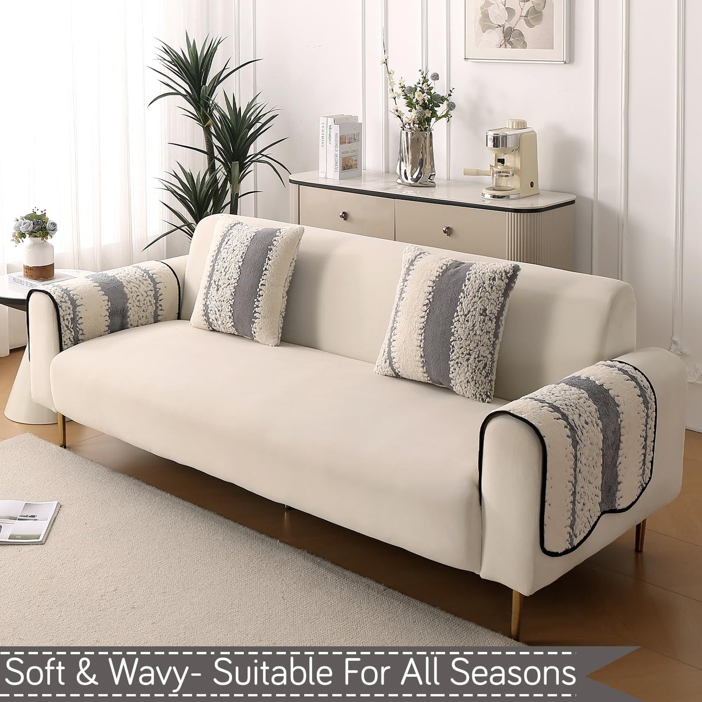 Luxury Wavy Anti Slip Plush Sofa Cover Mat, Pewter Grey