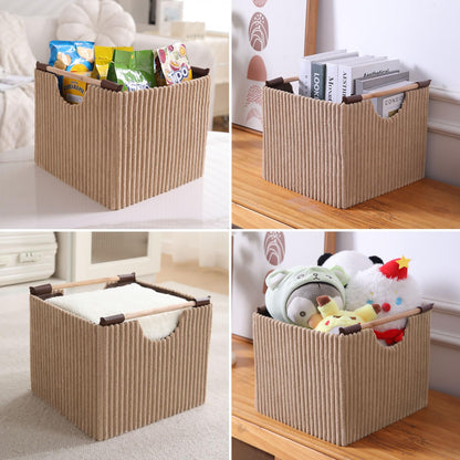 Premium Foldable Storage Bin with Wooden Handles | Corduroy Fabric Organizer Box for Wardrobe, Books, Clothes & Misc Items, Camel