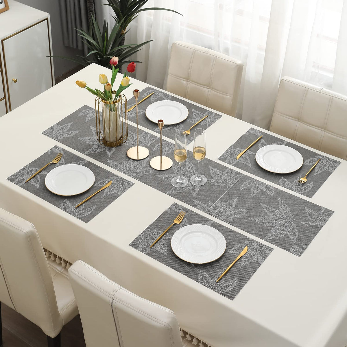 PVC Dining Table Mats, Grey Maple Leaf