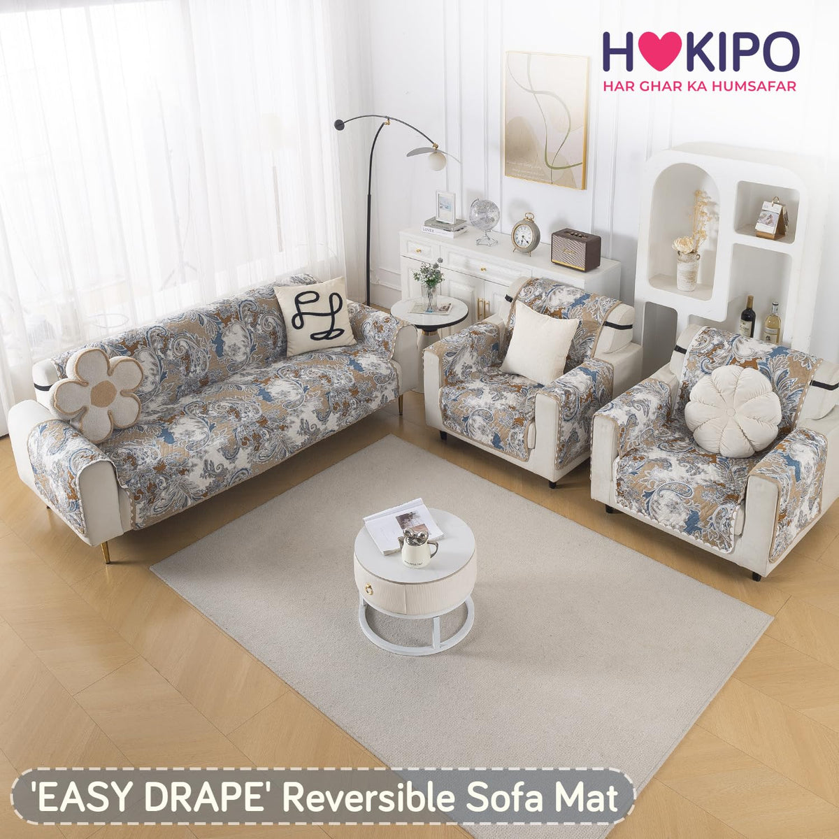 Easy Drape Reversible Quilted 5-Seater Sofa Cover (3+1+1), Urban Floral