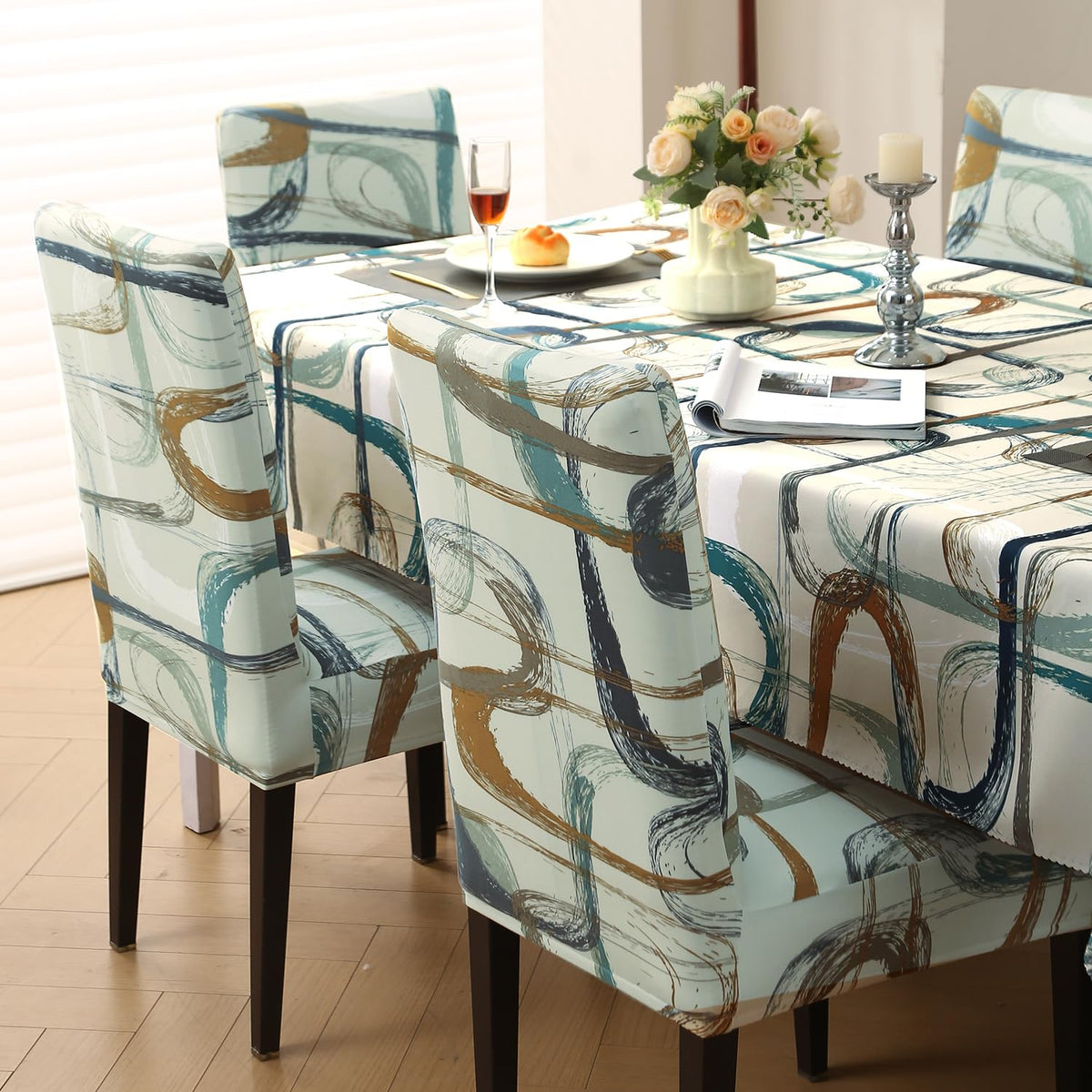 Elastic Dining Chair Covers with Matching Tablecloth, Parchement Beige Abstract Art