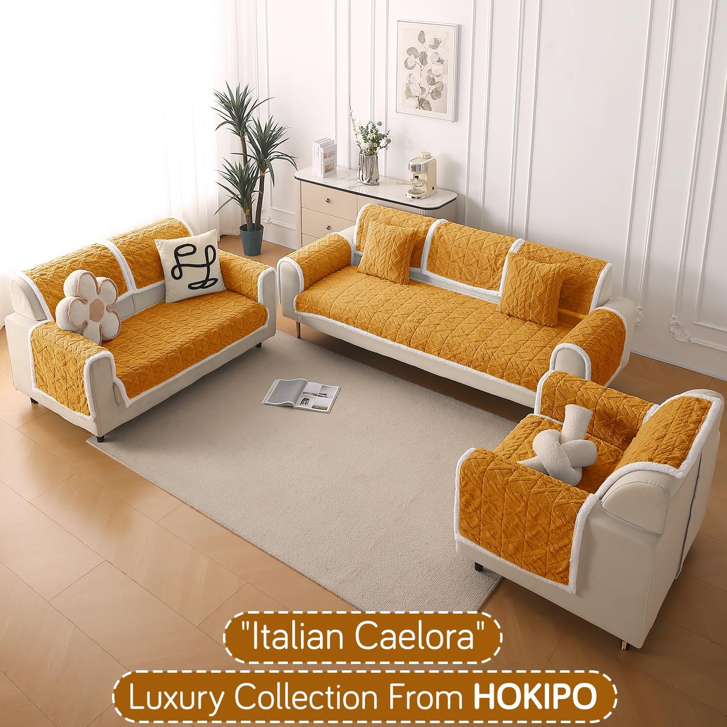 'Italian Caelora' Luxury Jacquard Plush Anti-Slip Sofa Cover Mat - Honey Yellow