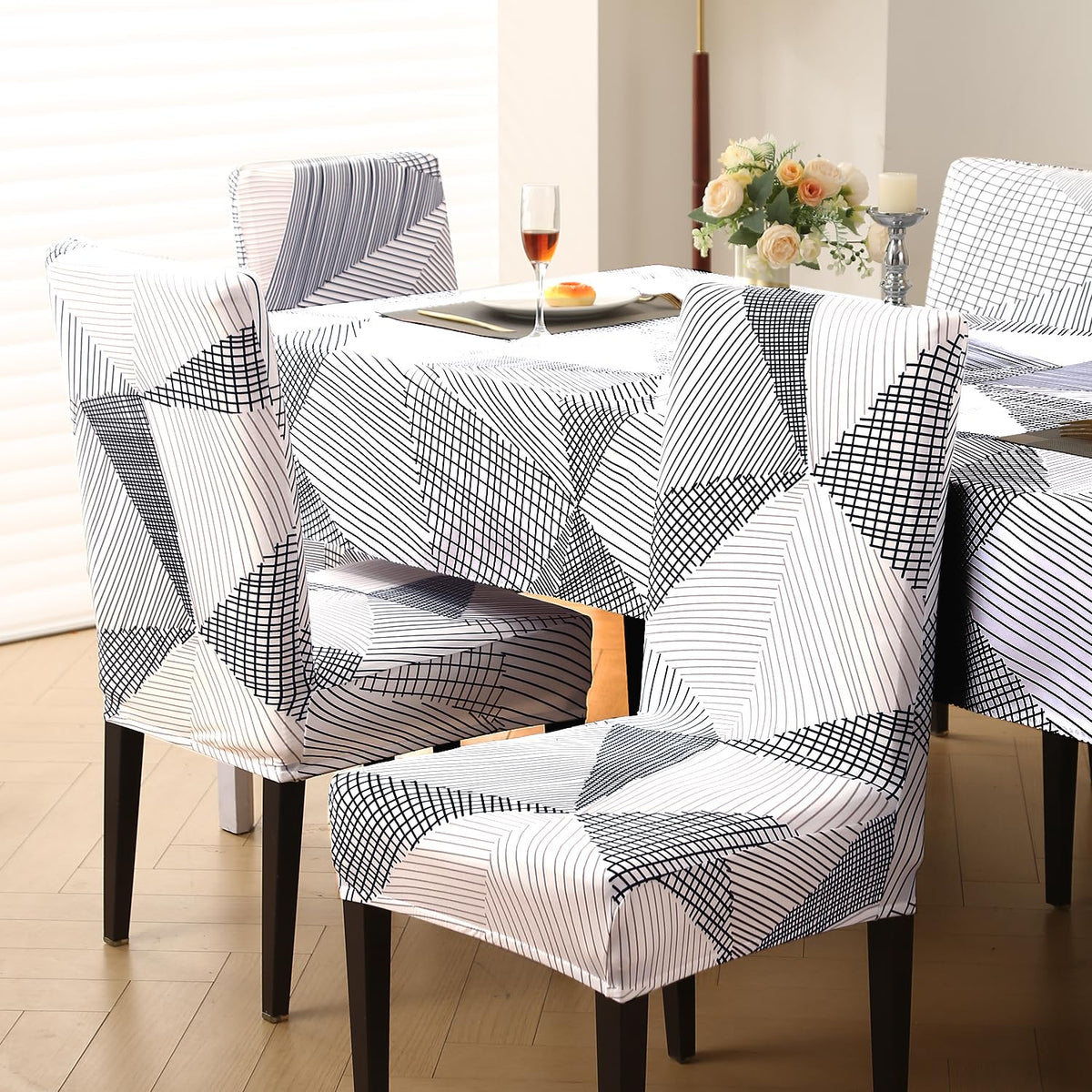 Elastic Dining Chair Covers with Matching Tablecloth, Snow White Black Geometry