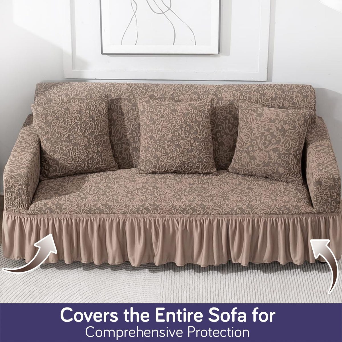Elastic Stretchable Designer Woven Jacquard Sofa Cover with Frill, Light Taupe