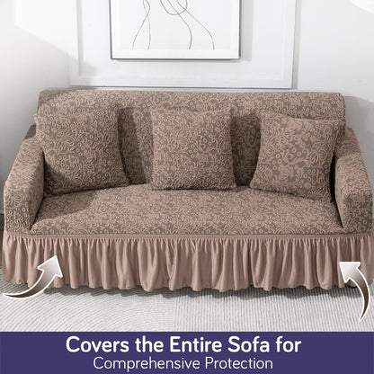Elastic Stretchable Designer Woven Jacquard Sofa Cover with Frill, Light Taupe