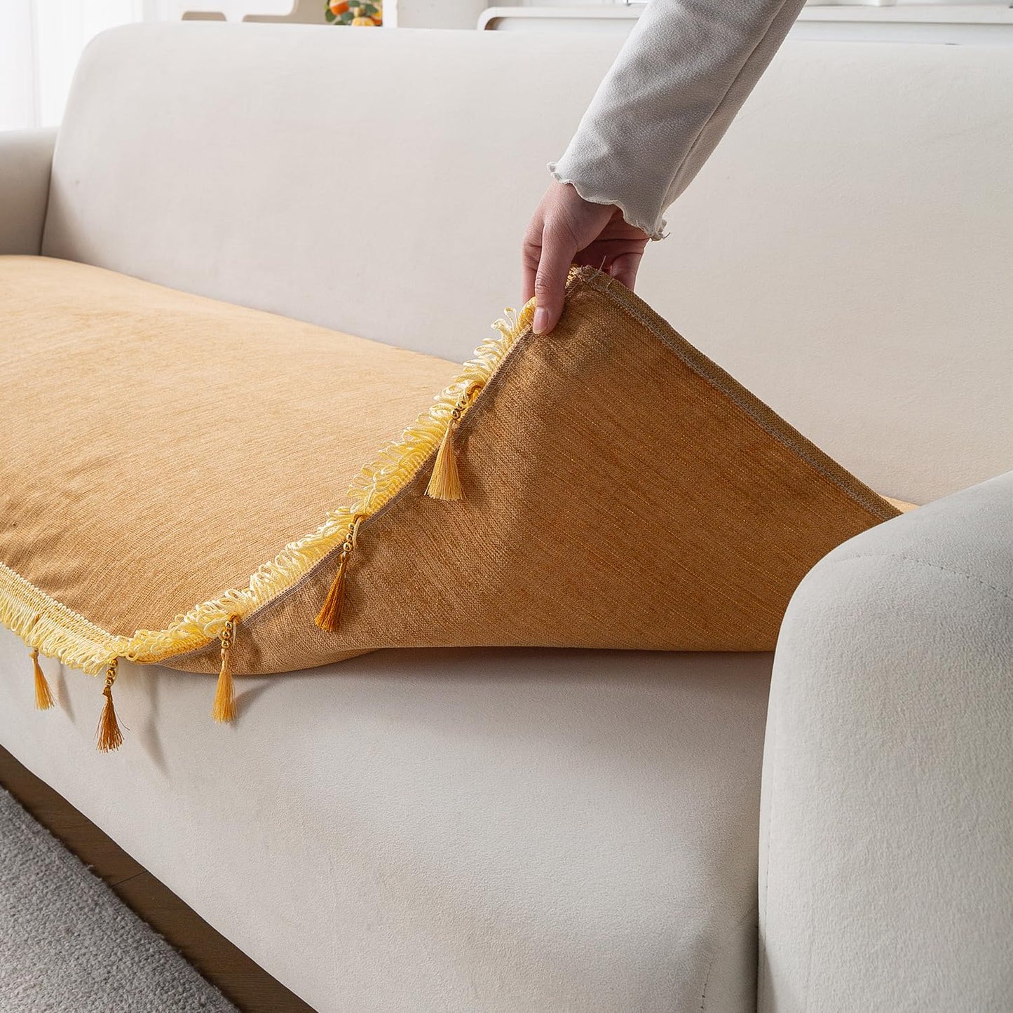 Serenity Tassel Chenille Sofa Cover with Tassel – Sunlit Amber