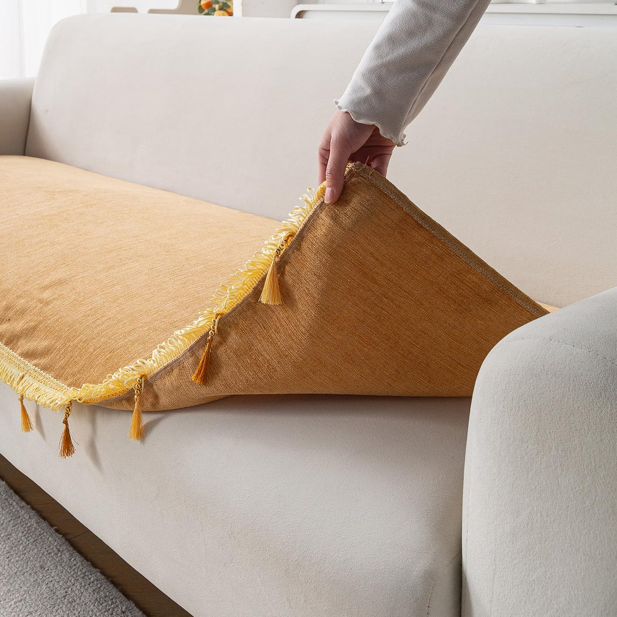 Serenity Tassel Chenille Sofa Cover with Tassel – Sunlit Amber