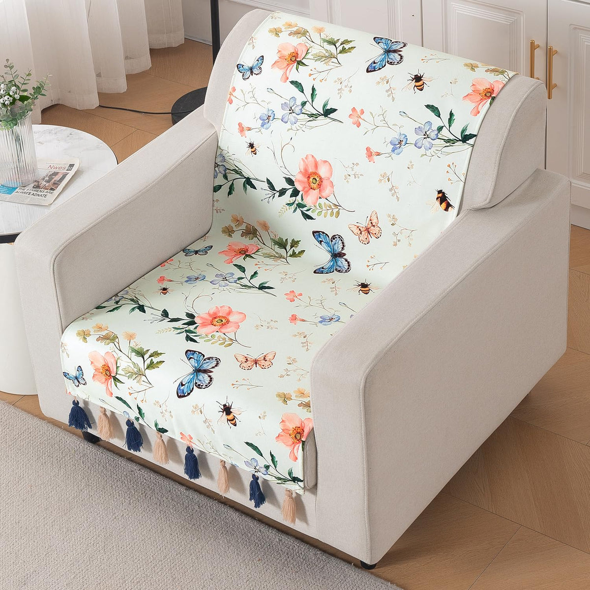 'Whispers of Nature' Series Holland Velvet Sofa Cover with Tassel, Pastel Butterfly Meadow