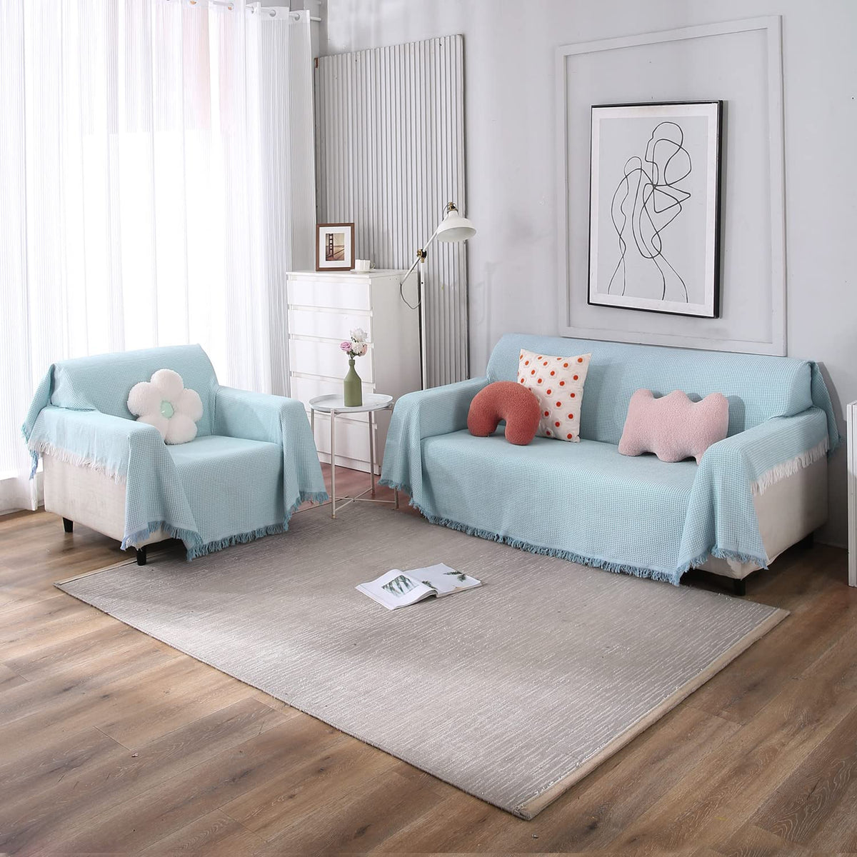 3+1 seater Blue colour polycotton sofa throw set 
