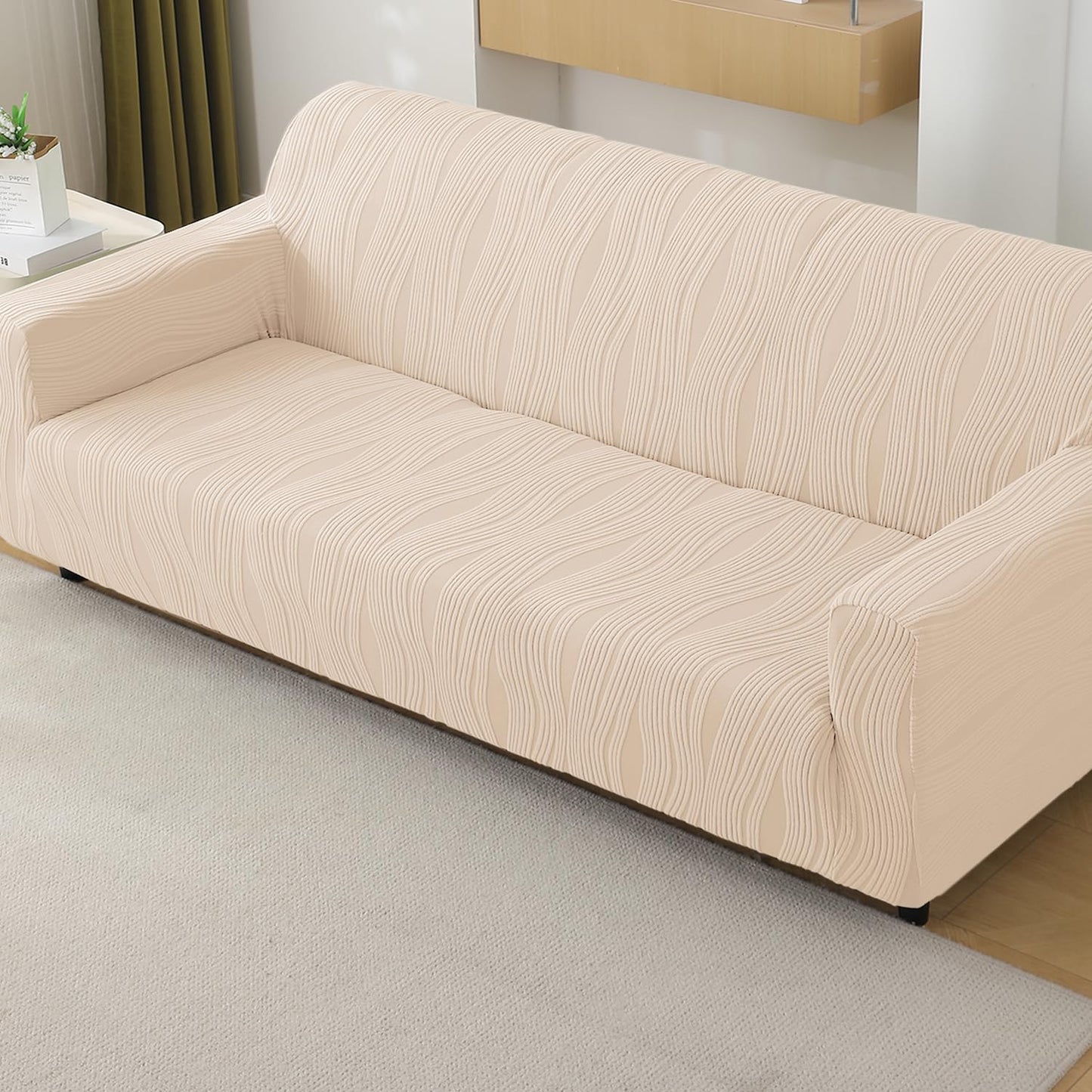 200gsm Knitting Jacquard Sofa Cover 1/2/3/4 Seater Fully Covered, Skimmed Cream