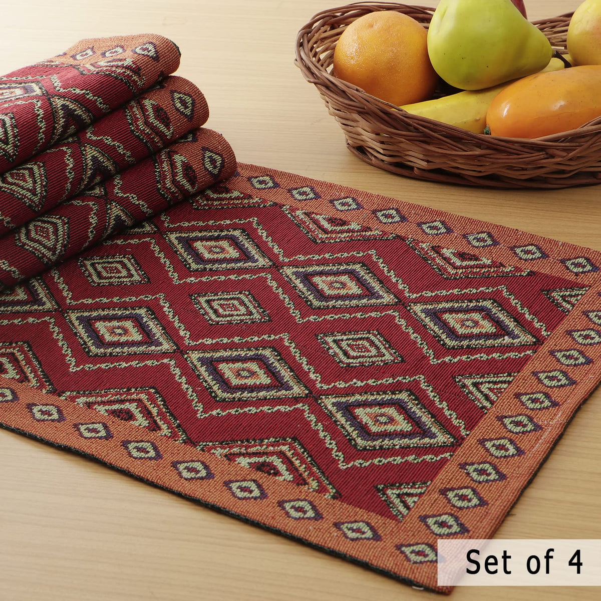 Cotton Jacquard Dining Table Mats, Red Diamond