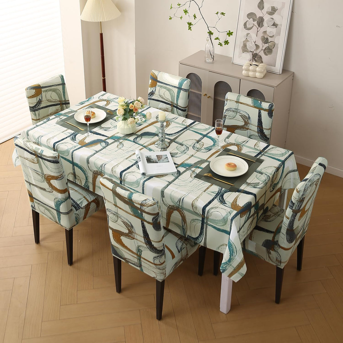 Elastic Dining Chair Covers with Matching Tablecloth, Parchement Beige Abstract Art