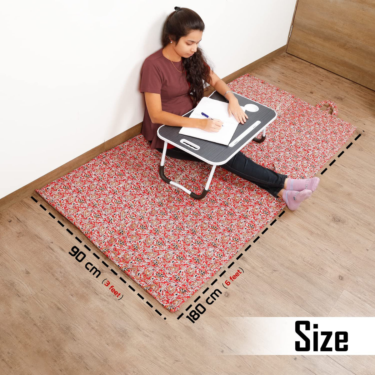 Red colour Madurkathi foam mat size 180 cm x 90 cm, eco-friendly handcrafted chatai mat for study and floor sitting.