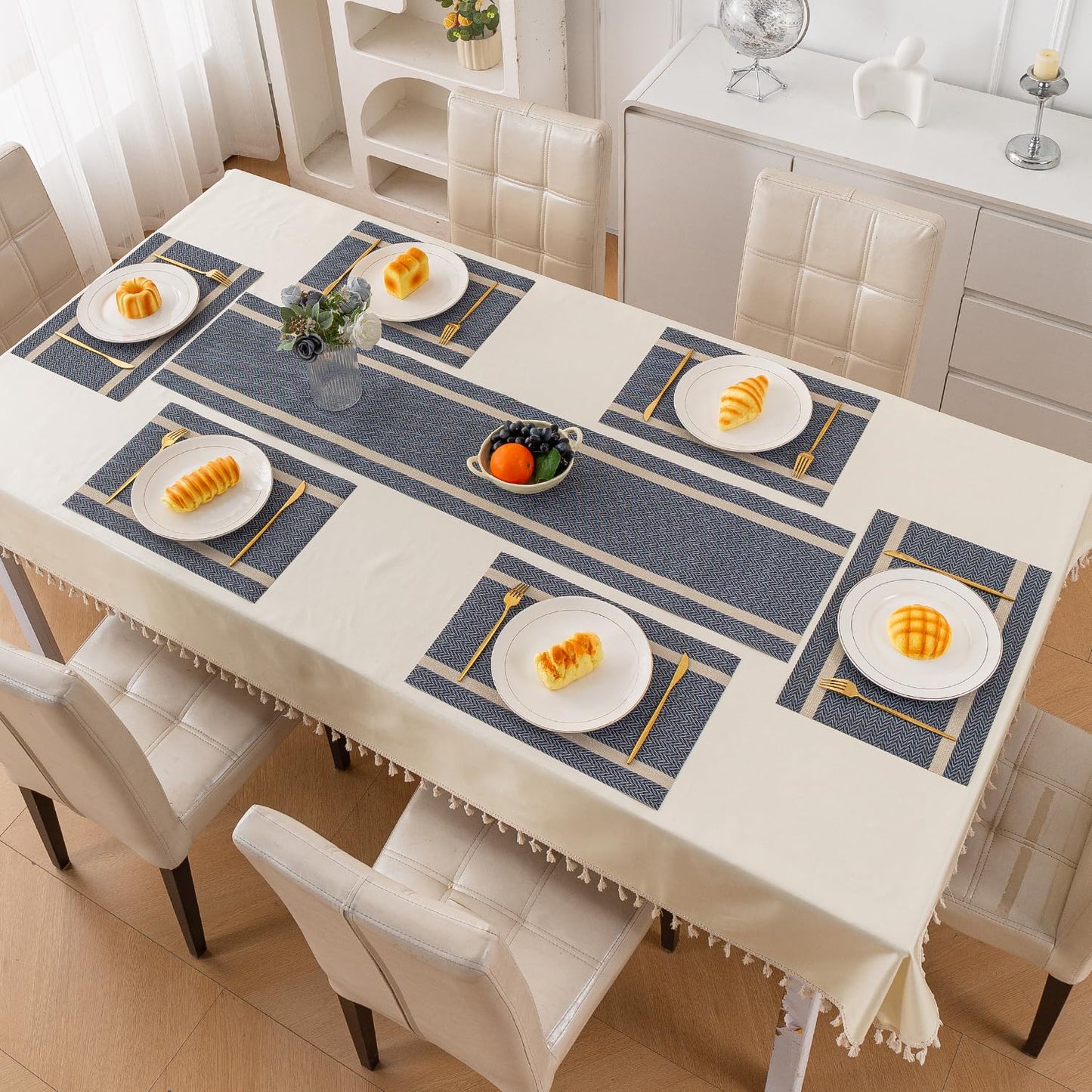 Chevron Stripes PVC Mats for Dining Table - Charcoal Blue