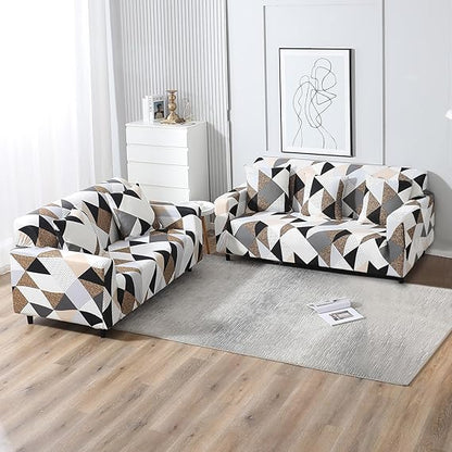 Elastic Stretchable Printed Sofa Cover, Grey Brown Geometric
