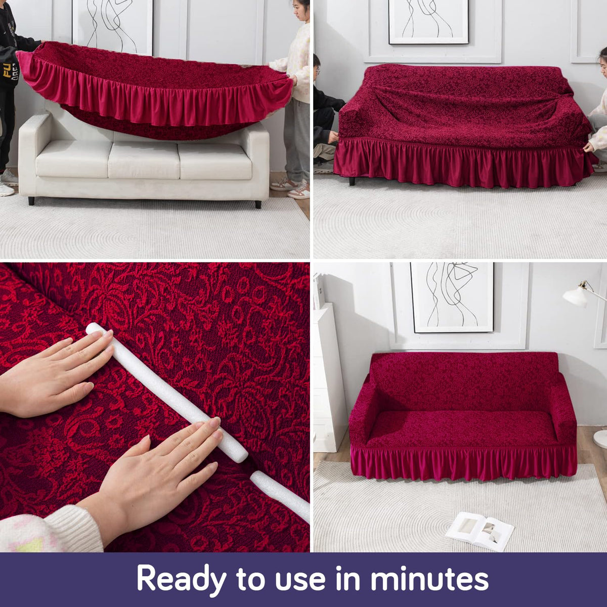 Elastic Stretchable Designer Woven Jacquard Sofa Cover with Frill, Wine Red