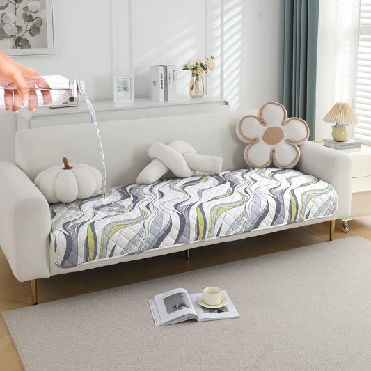 Quilted 1/2/3 Seater Waterproof and Anti-Slip Sofa Cover Mat, Curved Lines Pearl White