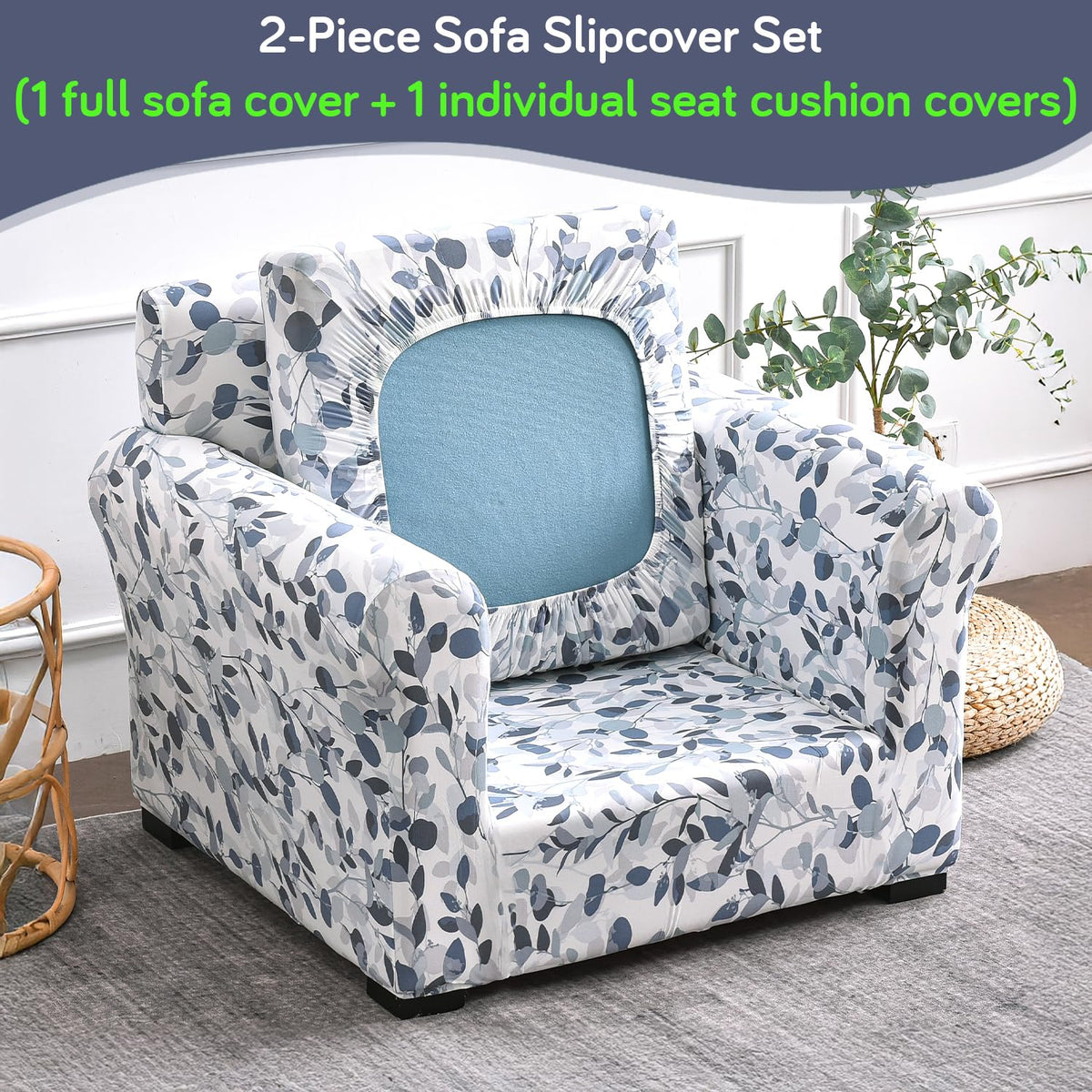 Printed Stretchable Sofa Slipcover with 1/2/3 Pc Separate Seat Cushion Cover for each 1/2/3 Seater,Frost Blue Foilage
