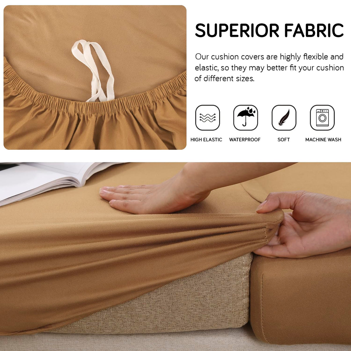 100% Waterproof Stretchable Seat Couch Cushion Cover for 1/2/3 Seater, Camel