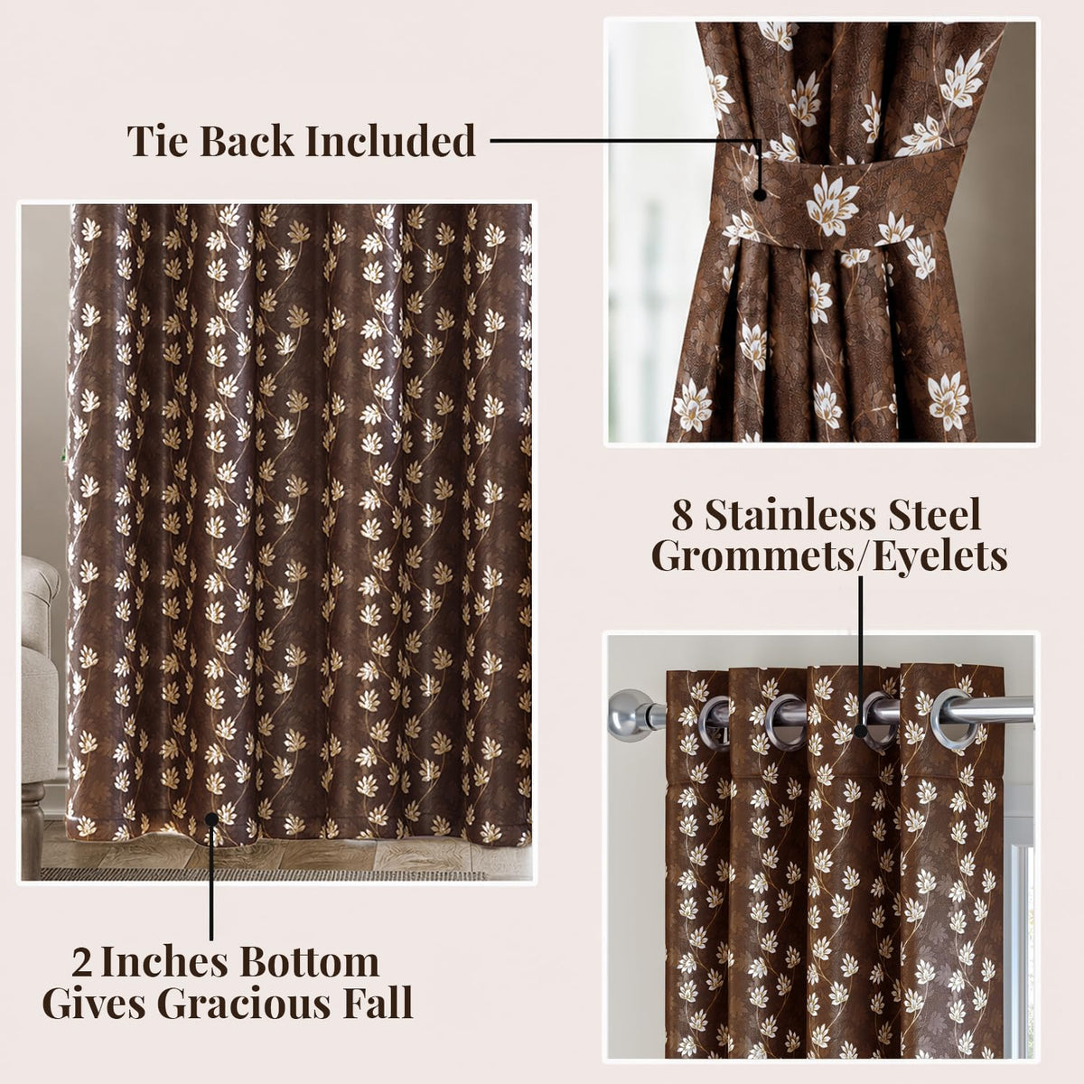 HOKIPO Vogue Shine Eyelet Curtains, 7 Feet Long - Cocoa Brown - image 4