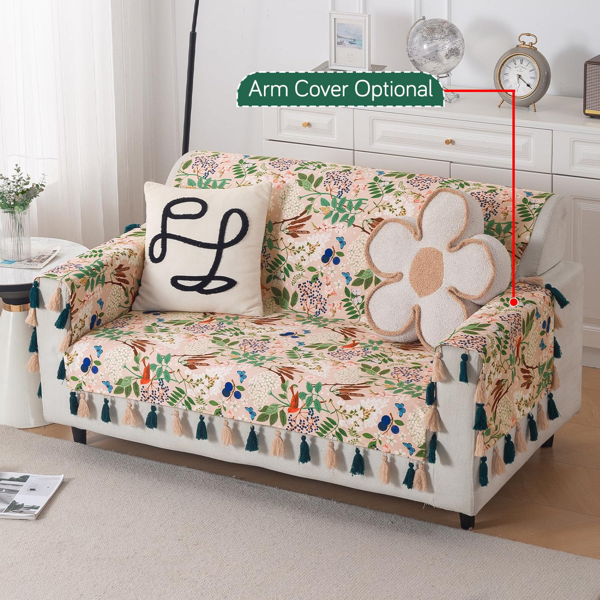 'Whispers of Nature' Series Holland Velvet Sofa Cover with Tassel, Beige Woodland Bloom