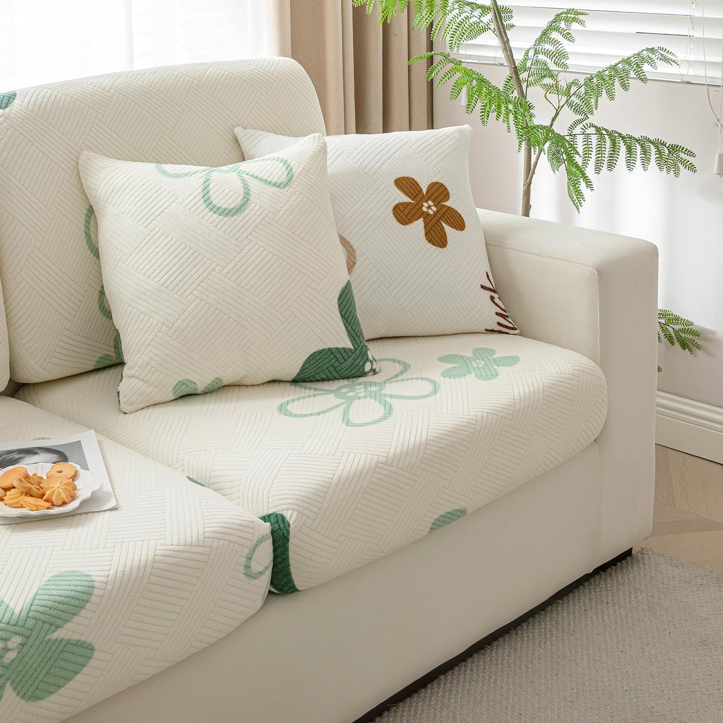 Stretchable Thick Fleece Textured Seat Couch Cushion Cover for 1/2/3 Seater, Celadon Green