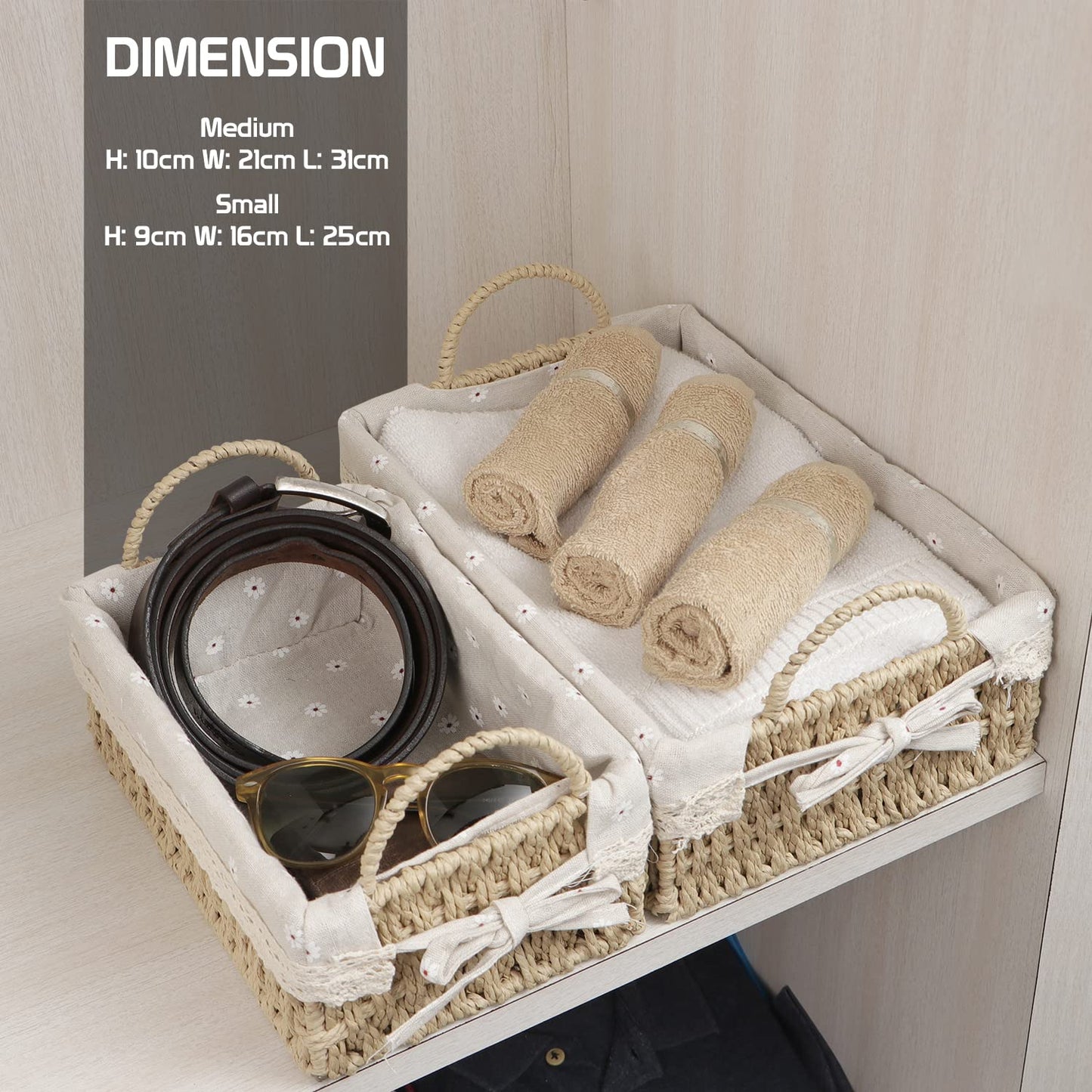 Environmental Friendly Paper Rope Wicker Storage Baskets with Handle, Pack of 2, Beige