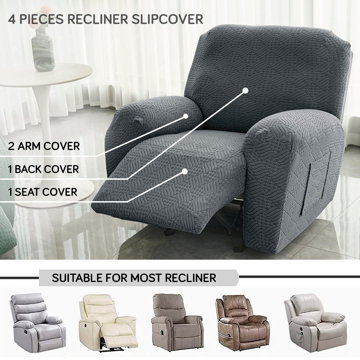 Buy Dark Grey Colour Jacquard 4 Pieces Recliner Slipcover | HOKIPO