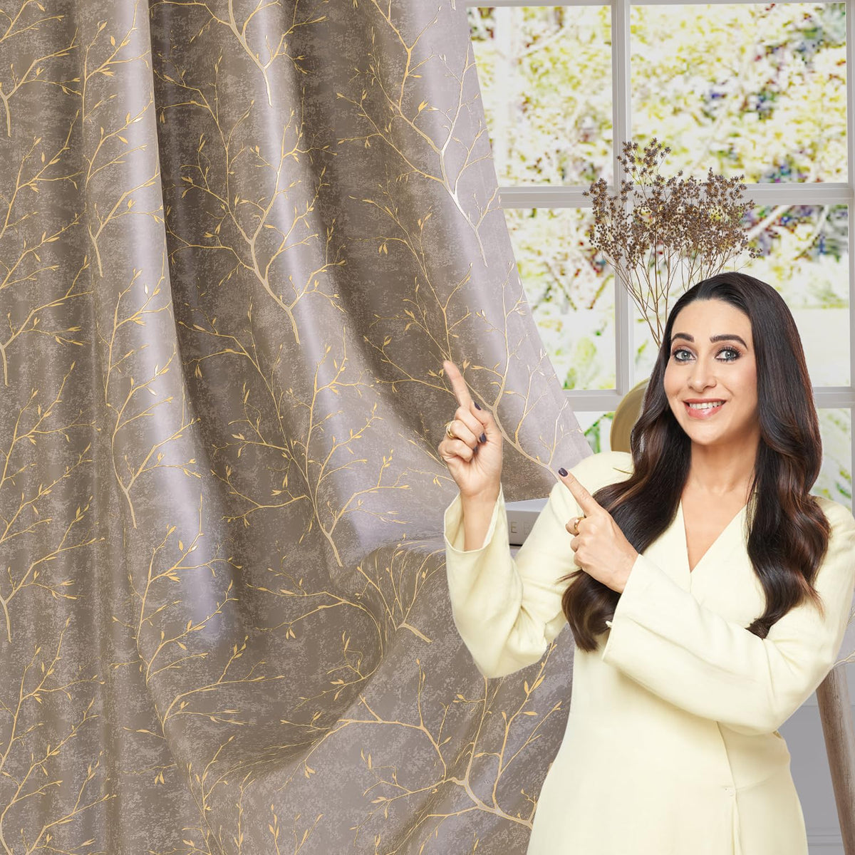 HOKIPO Shimmer Foil Printed Curtains, 7 Feet Long - Taupe