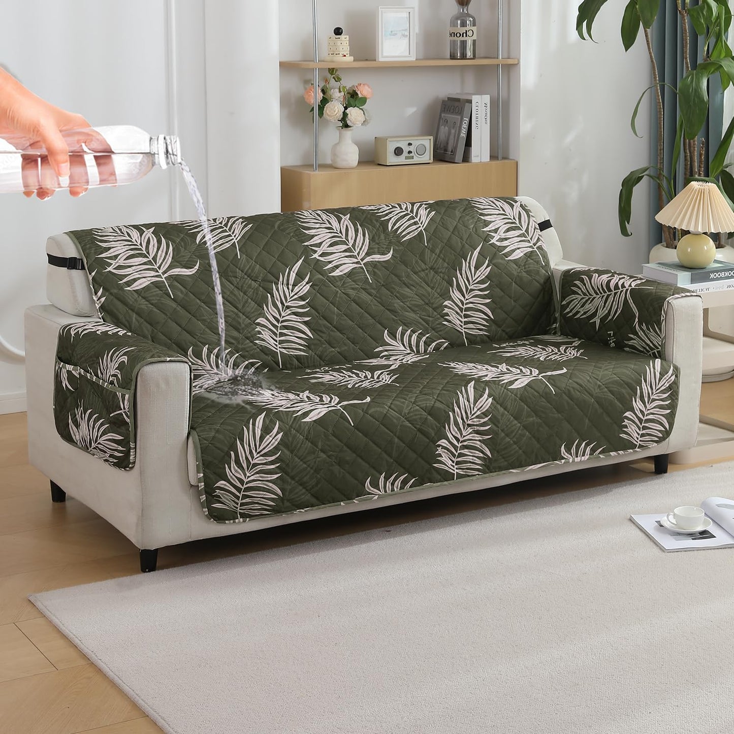 Quilted Waterproof Sofa Cover Mat with Pockets on Armrest Cover - Palm Leaves Olive