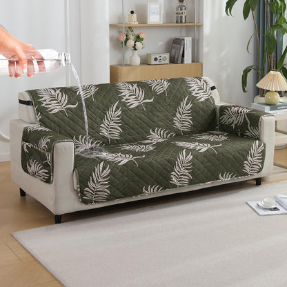 Quilted Waterproof Sofa Cover Mat with Pockets on Armrest Cover - Palm Leaves Olive