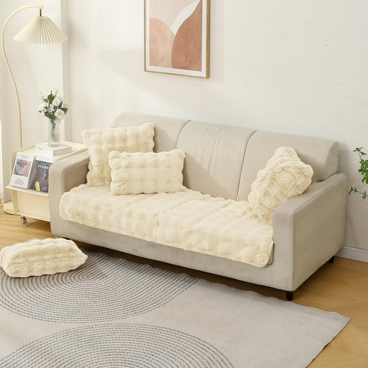 Buy cute Beige colour Zippered faux rabbit fur Sofa Cushion Covers
