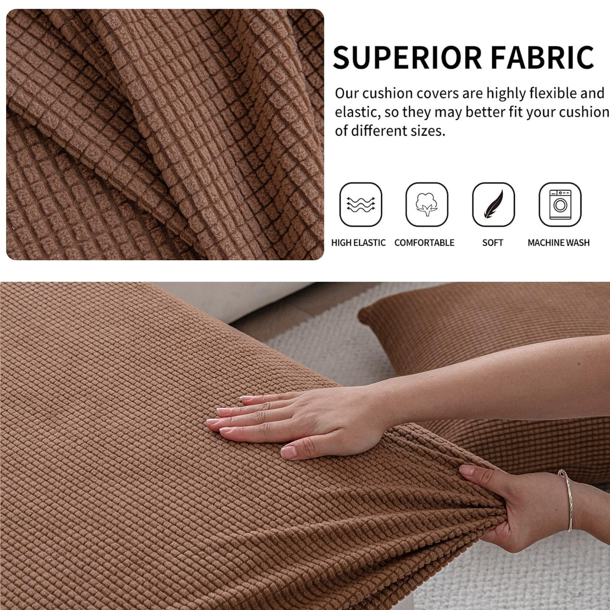 Stretchable Thick Jacquard Textured Seat Cushion Cover for 1/2/3 Seaters / Pieces for Sofa, Brown
