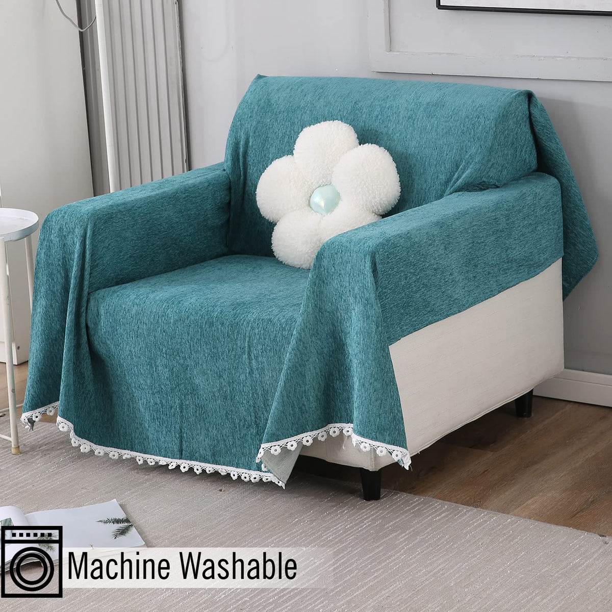 Elegant Blue colour chenille sofa throw of size 180(D)x180(L) for single seater sofa chair 

