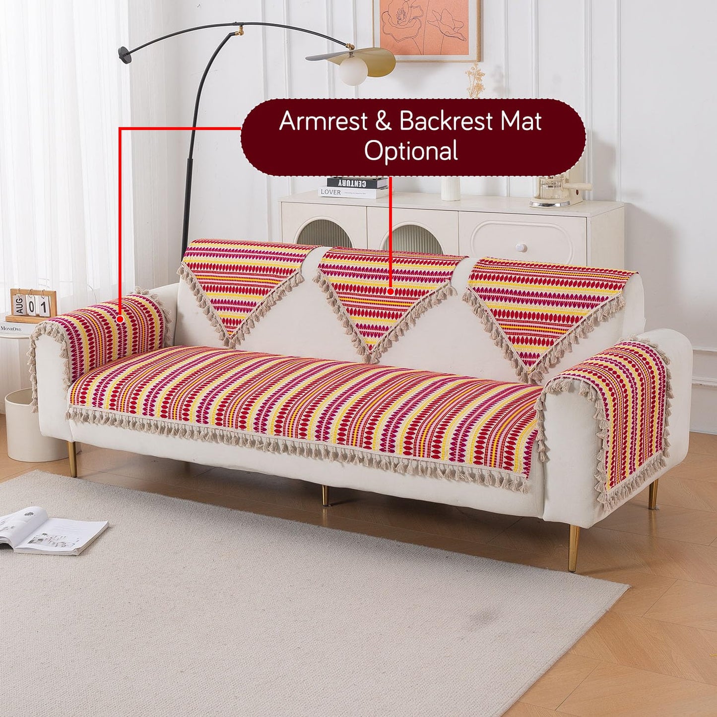 Artisan Boho 5-Seater Sofa Seat Mat with Tassels (3+1+1), Ruby Red