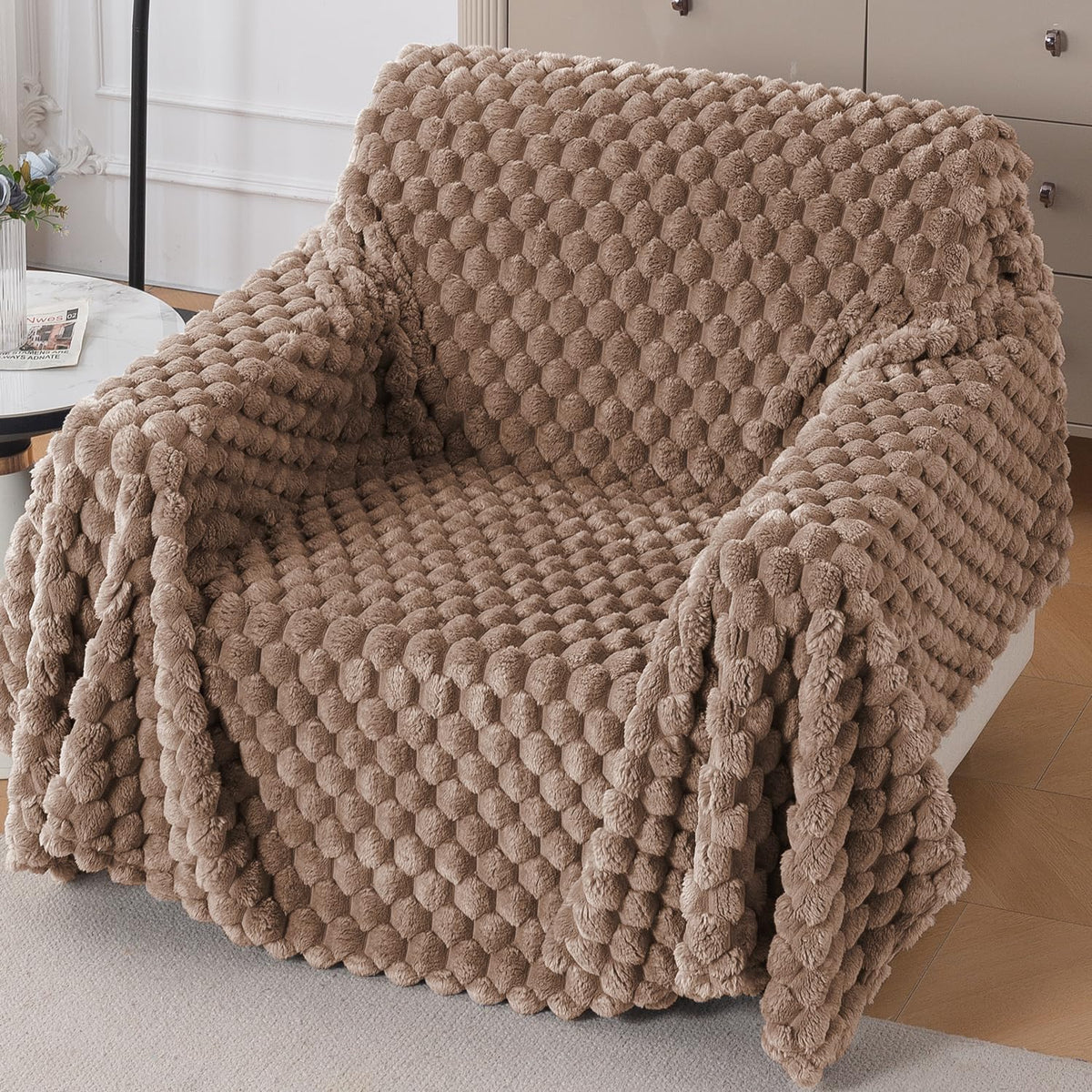 Luxury Rabbit Wool Plush Sofa Throw, Canvas Brown