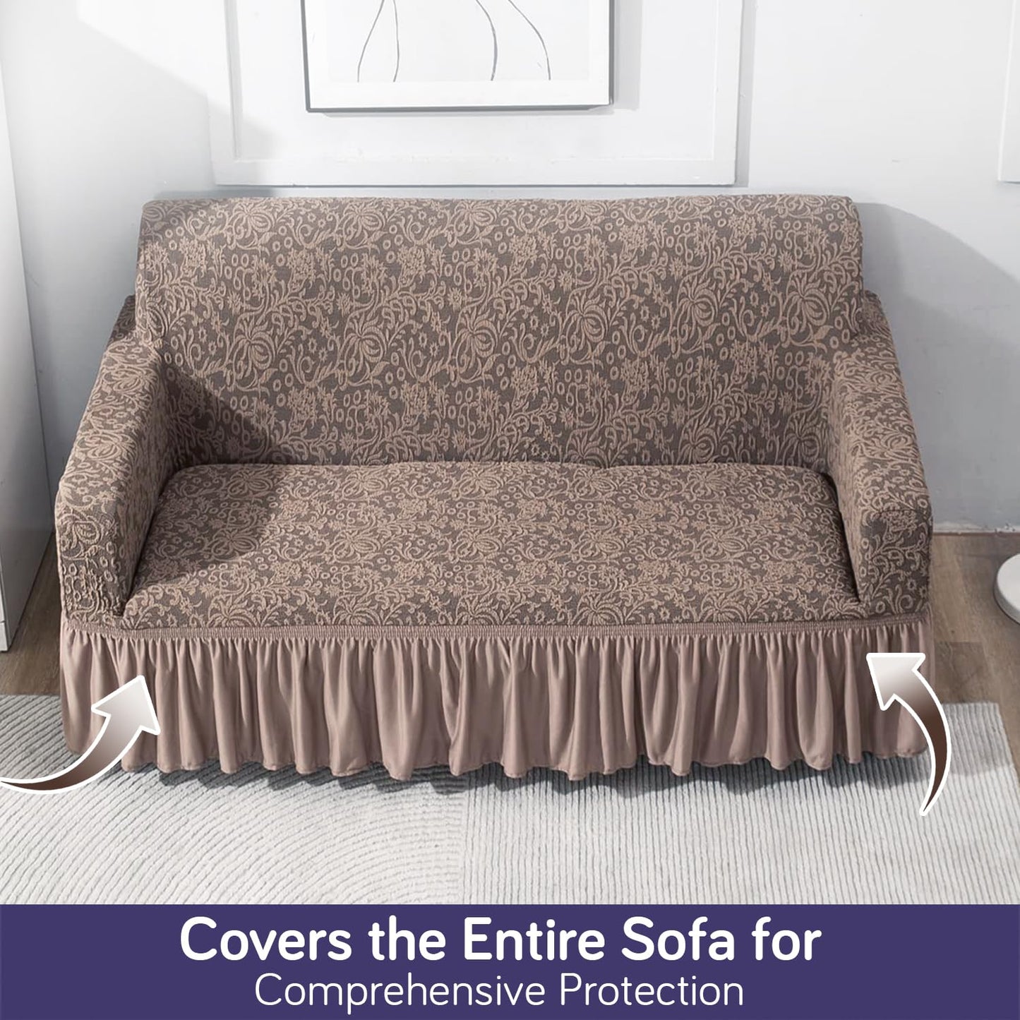 Elastic Stretchable Designer Woven Jacquard Sofa Cover with Frill, Light Taupe