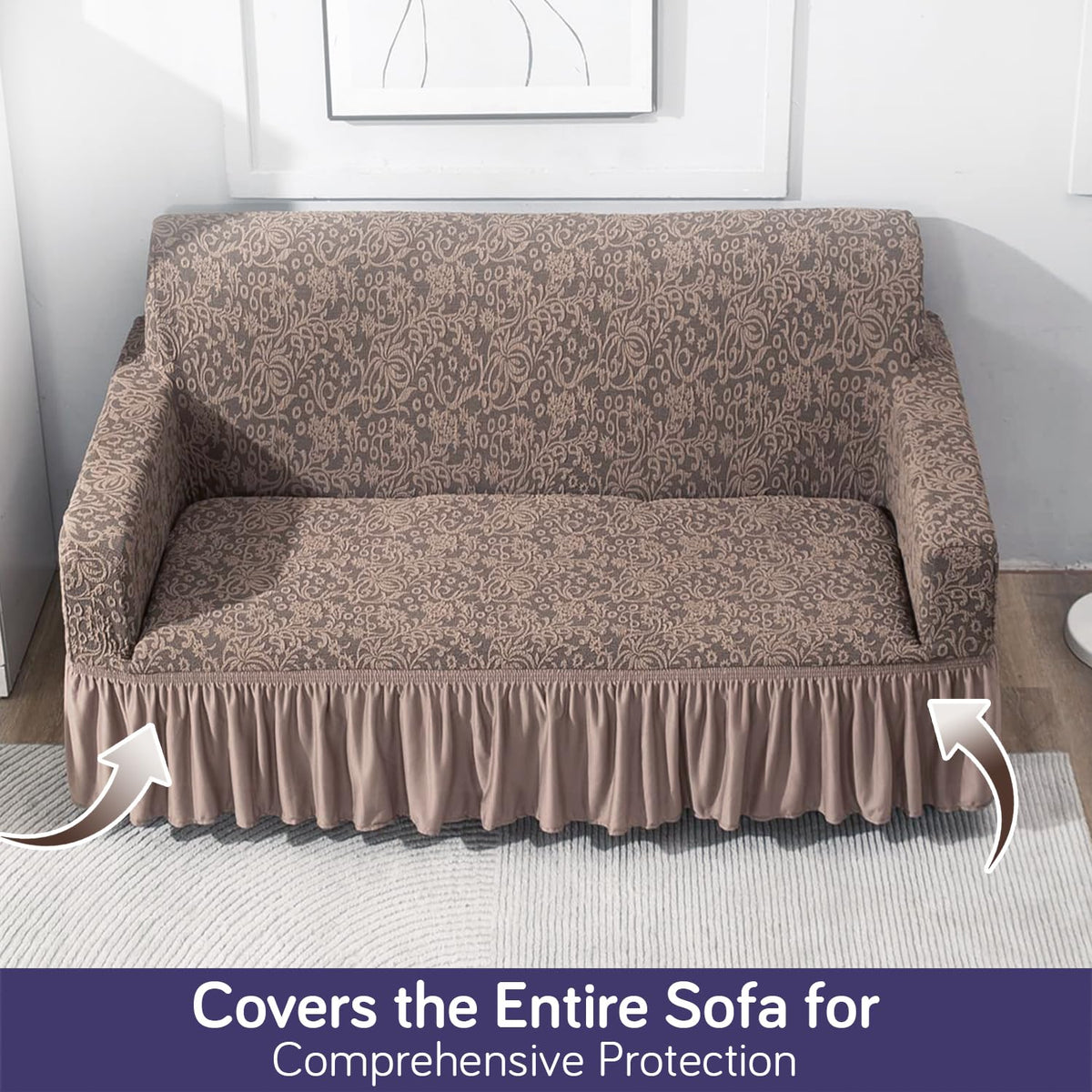 Elastic Stretchable Designer Woven Jacquard Sofa Cover with Frill, Light Taupe