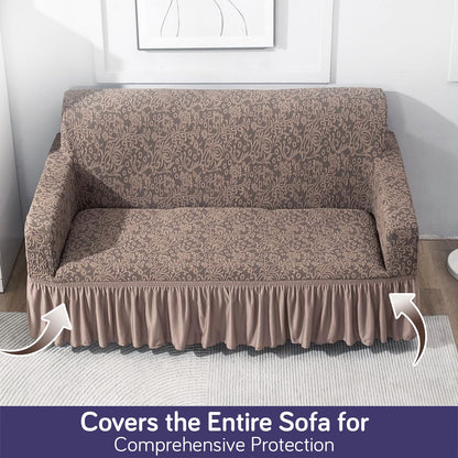 Elastic Stretchable Designer Woven Jacquard Sofa Cover with Frill, Light Taupe