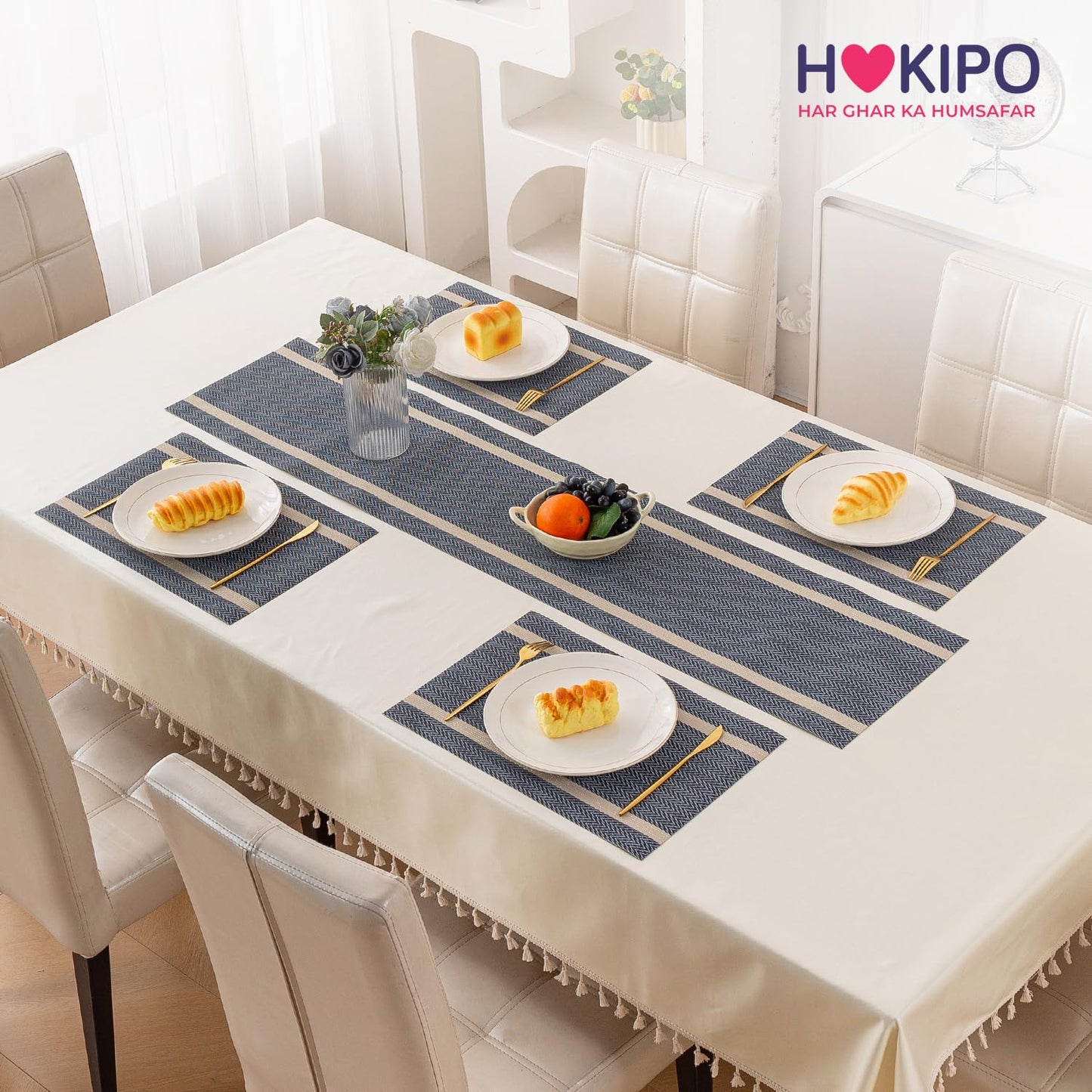 Chevron Stripes PVC Mats for Dining Table - Charcoal Blue