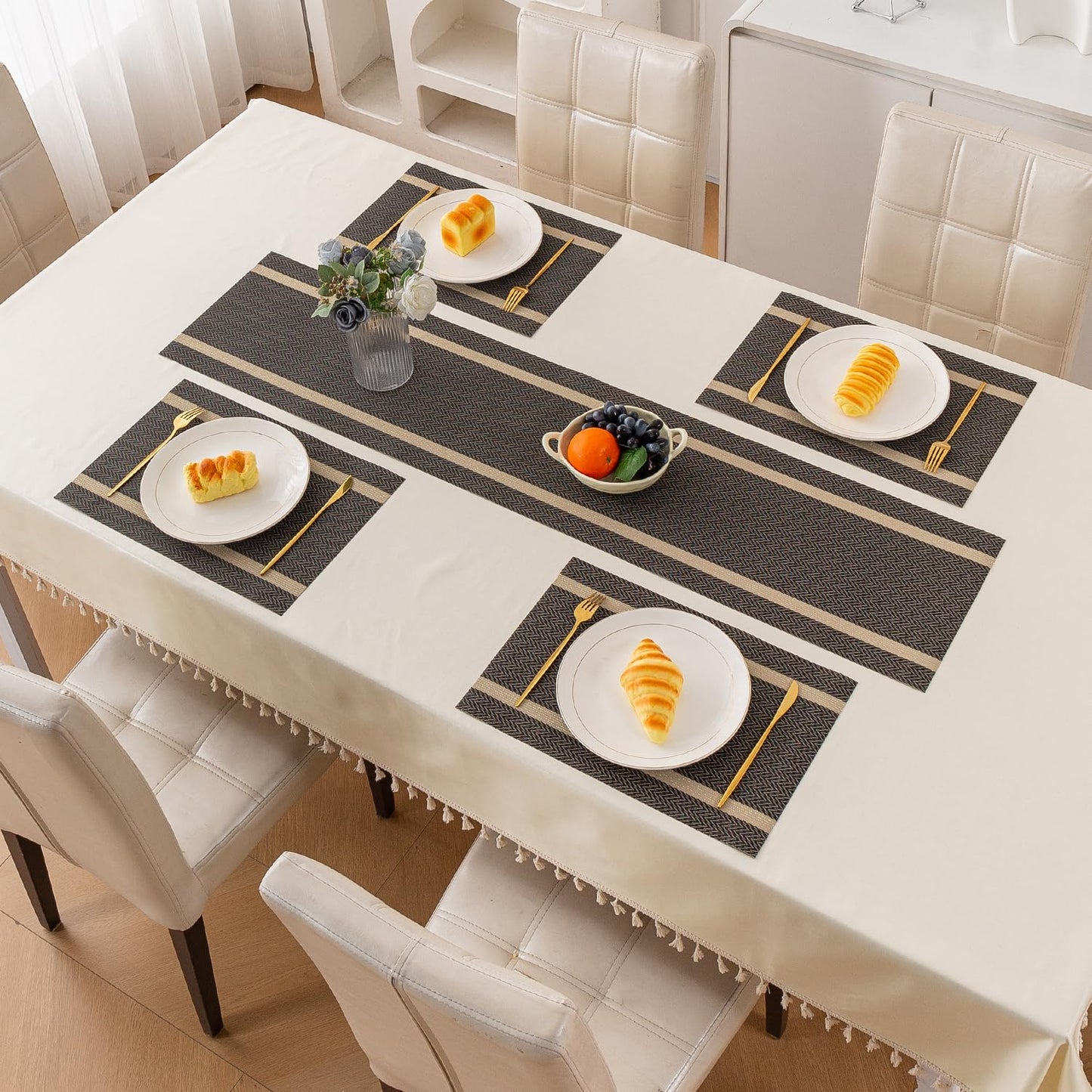 Chevron Stripes PVC Mats for Dining Table - Ebony Black