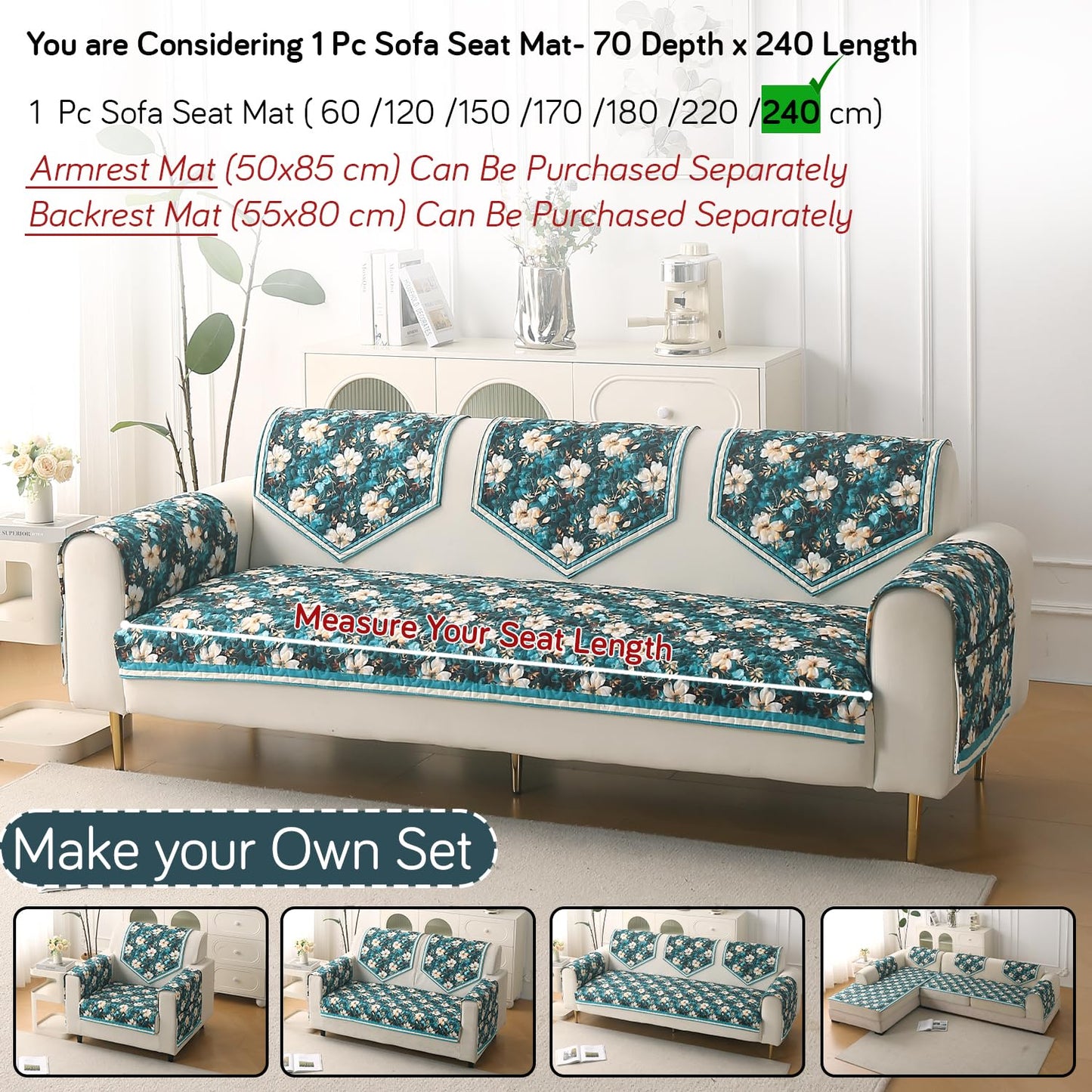 Florentina Series Premium Holland Velvet Sofa Cover Mat - Pansies Teal