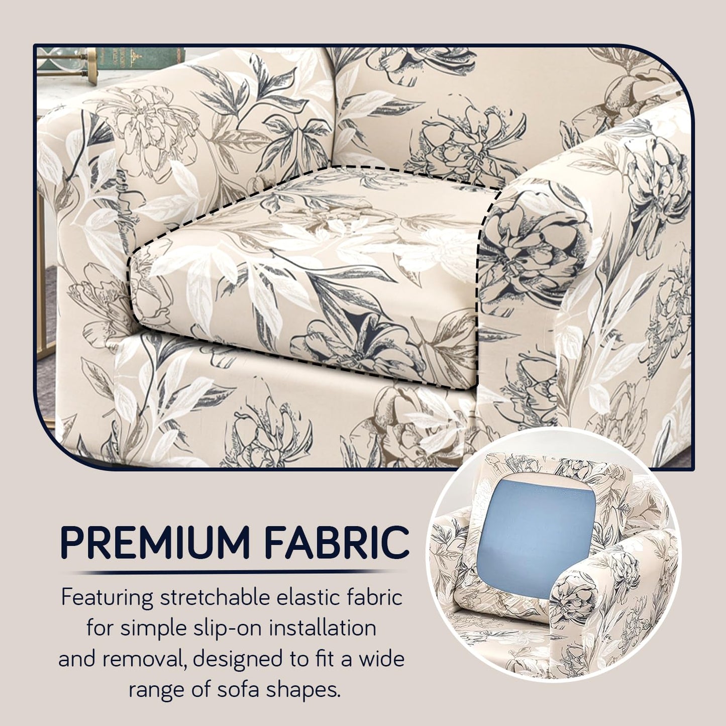 Printed Stretchable Sofa Slipcover with 1/2/3 Pc Separate Seat Cushion Cover for each 1/2/3 Seater, Beige Vintage Peony