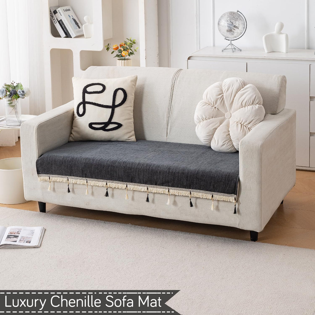 Serenity Tassel Chenille Sofa Cover with Tassel – Midnight Graphite