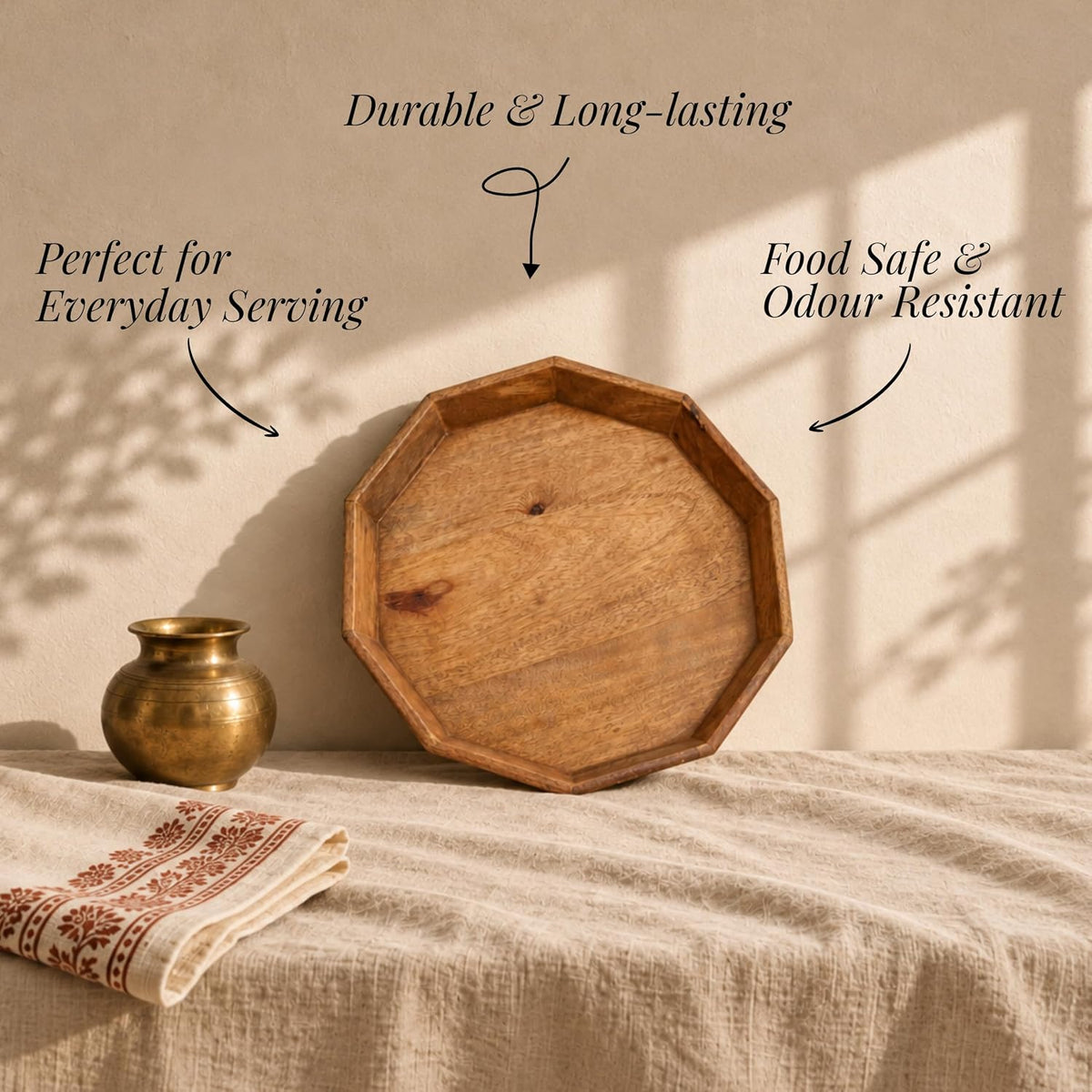 HOKIPO Arbor Mango Wood 10 Sided Serving Tray with Raised Edge, 32 cm - image 4
