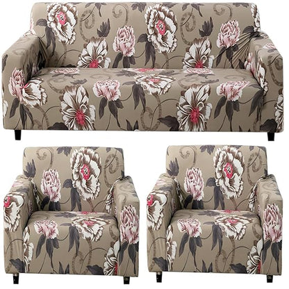 Buff Brown Geum Printed Stretchable Sofa Cover