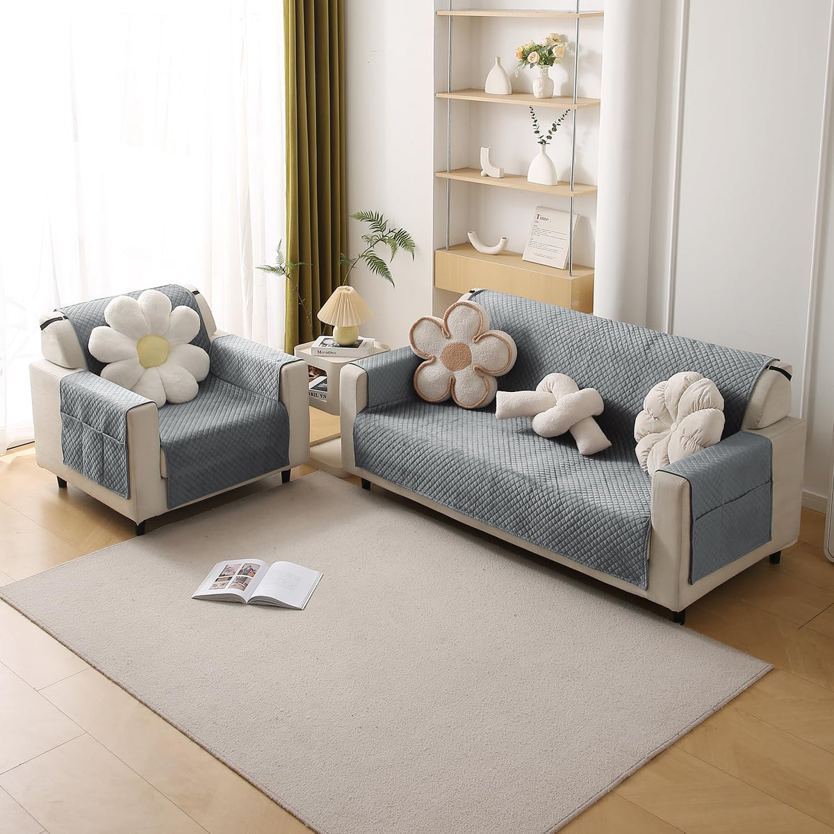 Quilted Velvet Sofa Cover Mat with Side Pockets, Pet Friendly, Fossil Grey
