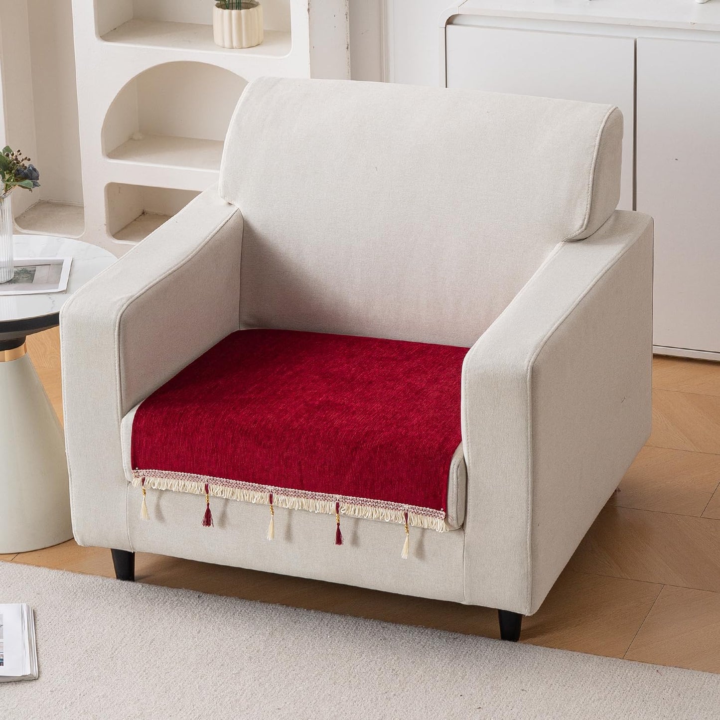 Serenity Tassel Chenille Sofa Cover with Tassel – Crimson Ruby